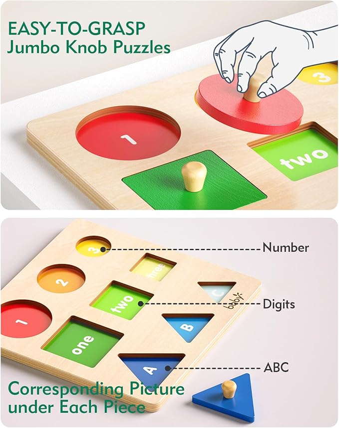 Boby Montessori Puzzles for Babies 12-18-24 Months, Wooden Jumbo Knob Peg Puzzle Shape sorter for Toddlers 1-3 Year Old, Early Learning Sensorial Toys (Shapes & Size Sorting Puzzle)