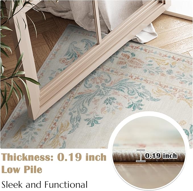 jinchan Vintage Floral 6x9 Area Rugs for Living Room - Machine Washable Distressed Design Soft Throw Rug Ultra-Thin Non-Slip Large Carpet for Bedroom Nursery Dining Room Home Office (6x9ft,Apricot)