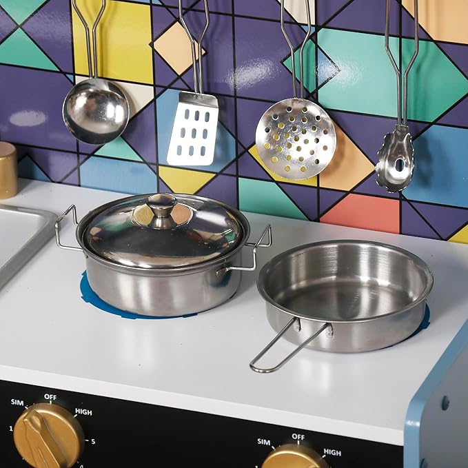 Wooden Play Kitchen Toy Set with Light, Kids Children Pretend Toy Kitchen Playset, Sink Play Toy Oven with Microwave,Toddler Cooking Set Toy for Ages 3+ Baby Girls Boys (Blue)