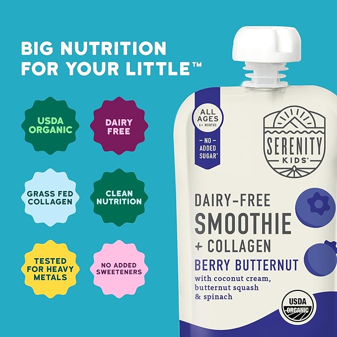 Serenity Kids 6+ Months Dairy-Free Smoothie Baby Food | USDA Organic | Grass Fed Collagen Protein | 3.5 Ounce BPA-Free Pouch | Berry Butternut | 12 Count