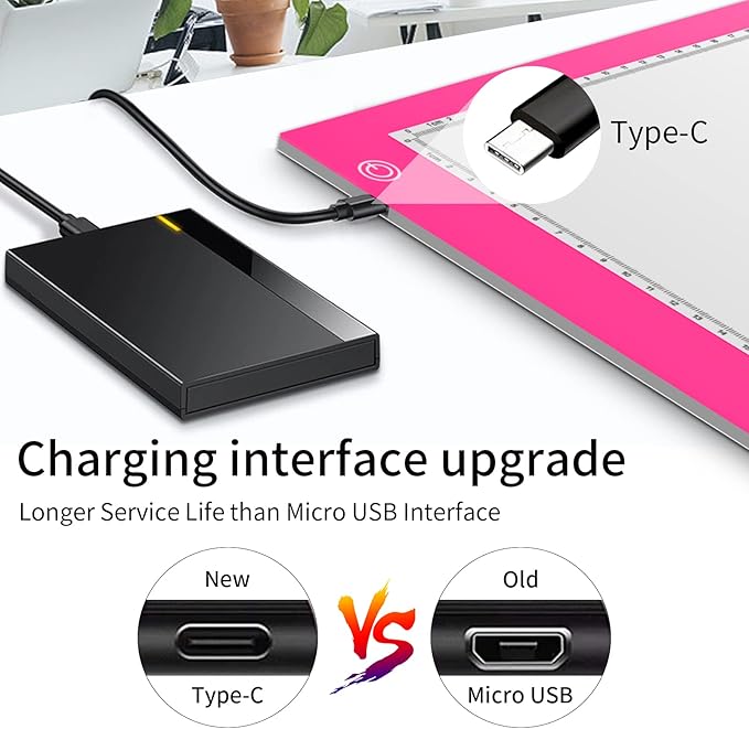 Light Box Drawing Pad, Tracing Board with Type-C Charge Cable and Brightness Adjustable for Artists, AnimationDrawing, Sketching, Animation, X-ray Viewing (A4-P-Pink-New)