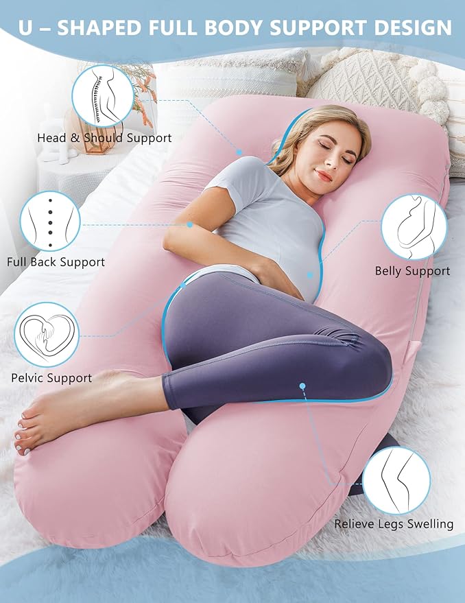 Meiz Pregnancy Pillows, Pregnancy Pillows for Sleeping, Pregnancy Body Pillow Cooling, Maternity Pillow for Pregnant Woman with Cooling Jersey Cover, Pink