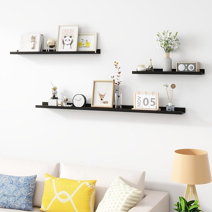 Picture Ledge Shelf, Wood Long Floating Shelves for Wall, Set of 2, 56 inch Picture Ledge Shelves, Photo Ledge Nursery Book Shelves Wall Mounted for Living Room Kids' Room Bedroom, Color Black