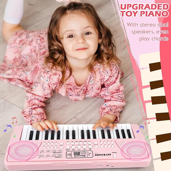 M SANMERSEN Kids Piano Keyboard with Microphone 37 Keys Portable Electronic Keyboards for Beginners Musical Toy for 3/4/5/6 Year Old Girls Boys, Pink
