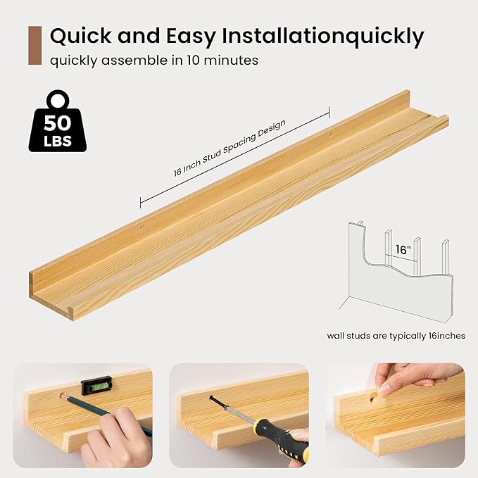 Picture Ledge Shelf, Solid Pine Wood Floating Shelves Set of 2, 32 Inches Nursery Book Shelves for Toys Storage, Kids Bookshelf Wall Mounted for Living Room Bedroom Decor Books Photo Frames, Natural