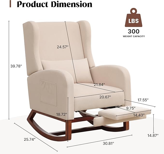 Rocking Chair Nursery, Nursery Rocking Chairs with Foot Rest, Comfy Fabric Glider Rocker Nursing Chair with High Back for Nursing, Living Room, Bedroom, Beige