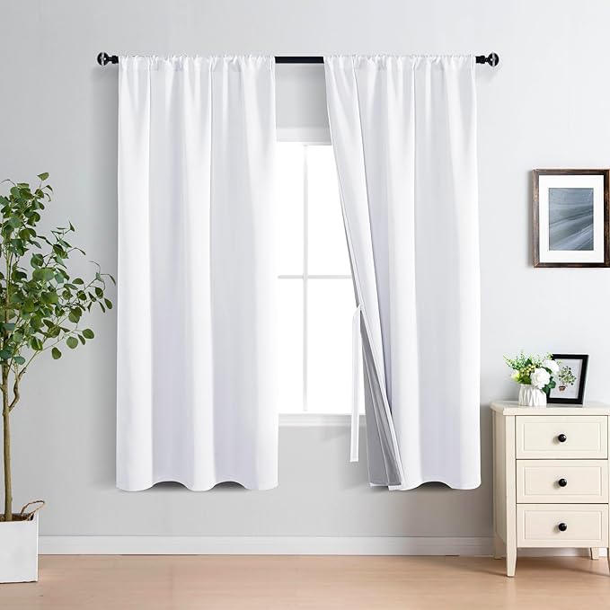 XWZO White 100% Blackout Curtains - Heat and Full Light Blocking Drapes with Black Liner for Bedroom/Laundry Room, Rod Pocket Window Panels with Tiebacks, White, W38 x L72, Set of 2