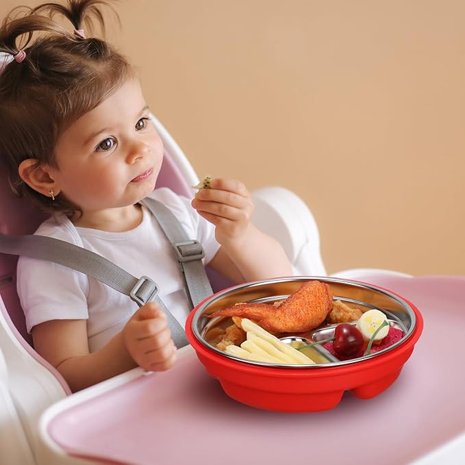 Nuogo 2 Pcs Stainless Steel Baby Suction Plates with Removable Silicone Shell 2-in-1 Metal Toddler Bowl Divided for Picky Eaters Kids Feeding Led Weaning Supplies, Dishwasher Safe (Orange,Red)