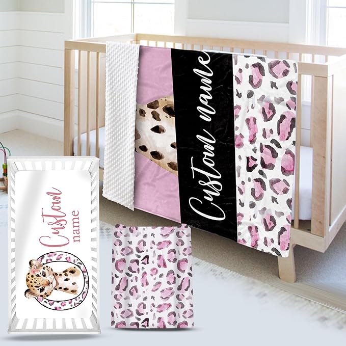 Custom Name Crib Bedding Set - Pink Leopard Theme, Personalized Nursery Bedding 3-Piece Set– Soft Blanket, Fitted Sheet, Changing Pad Cover – for Newborns Girls Nursery Gifts