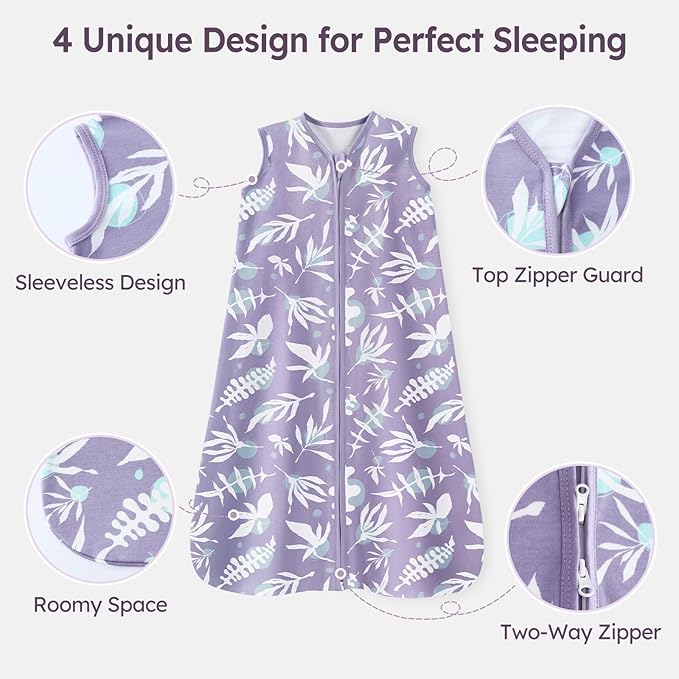 Baby Sleep Sack 18-24 Months 3 Pack 100% Cotton Lightweight 0.5 TOG Wearable Blanket Baby Sleep Bag with 2-Way Zipper for Newborn Infant Purple Leaf
