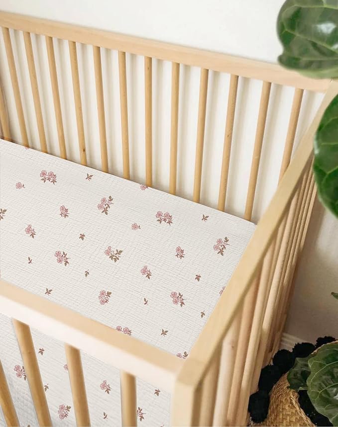 Muslin Bedside Bassinet Sheets 2 Pack, 33x20 Fitted Ultra Soft & Breathable Bedside Sleeper Sheets, Ideal for Baby Girl and Boy, Perfect for Newborns (Vintage Blossom & Pink)