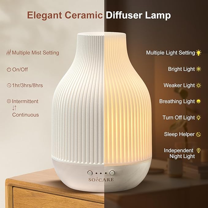SOICARE Elegant Ceramic Diffuser for Essential Oils with Solid Wood Base,Stone Aromatherapy Essential Oil Diffusers for Home Office Room Decor Gift (180ML)
