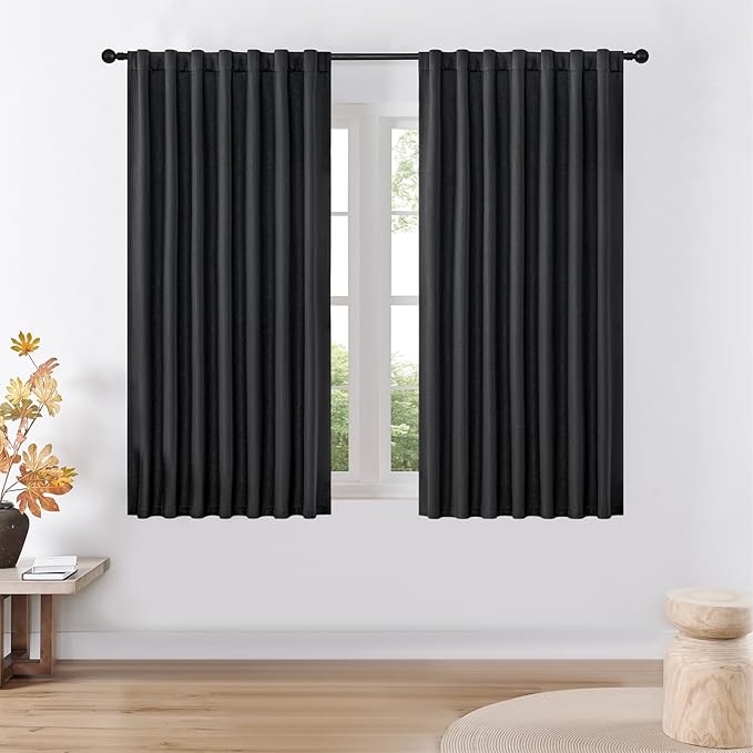 Joydeco Faux Linen Blackout Curtains for Bedroom,Black Blackout Curtains 72 inches Long,100% Blackout Solid Thermal Insulated Window Drapes Luxury Decor for Living Room（W52xL72 Inch,Black）