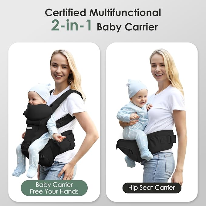 FRUITEAM Baby Carrier Newborn to Toddler 6 in 1 Hip Waist Stool with Head and Lumbar Support, Safety - Certified Hip Seat Carrier, Adjustable & Removable Baby Carrier for All Seasons, Black