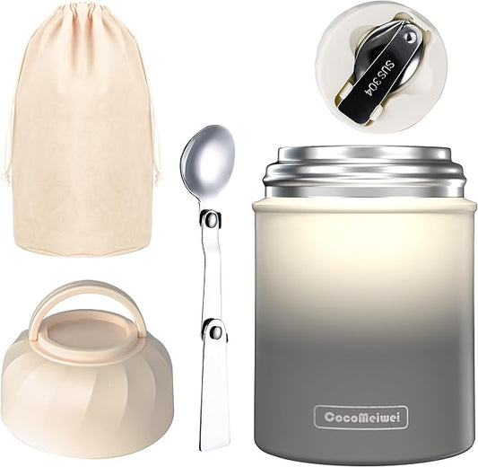 Soup Thermo for Hot Food & Drinks, Thermo Lunch Box for Kids, 17oz Vacuum Insulated Food Container with Spoon&&Drawstring Bag, Soup Therm for Adults,Black&White