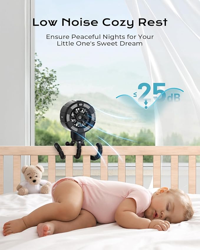 6000mAh Misting Fan for Stroller, 3 Speeds Portable Clip Fan with Intermittent/Continuous Spray, 14H Cooling, Detachable Mount, Timer & Night Light for Baby (100ML Water Tank) - Black