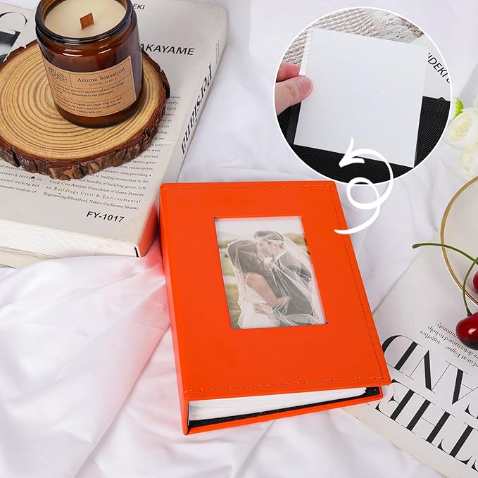 RECUTMS Small Photo Album 4x6 100 Photos Leather Cover with Front Window, Pictures Book for Wedding Family Baby Vacation (Orange)
