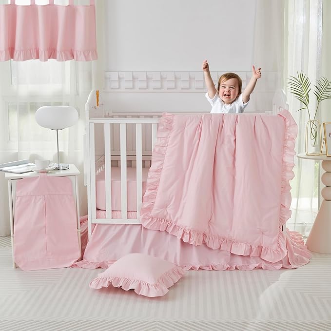 Brandream Farmhouse Crib Bedding Sets for Girls and Boys | 3 Piece Nursery Set Pink Ruffles | Baby Comforter, Fitted Crib Sheet, Crib Skirt Included,100% Cotton Percale