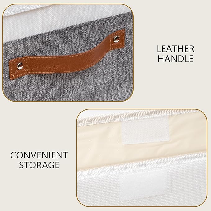 Yawinhe Collapsible Storage Bin, Cube Organizer Basket, Fabric Box with Lids, Washable and Leather Handle, for Home, Closet, White/Grey, 13.0''Lx9.0''Wx7.9''H, 5-Pack, SNK024WGS-5