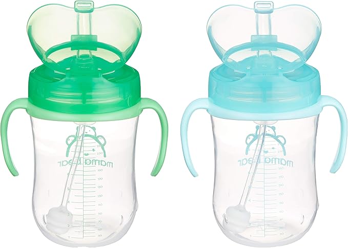 Amazon Brand - Mama Bear Silicone Weighted Straw Sippy Cup, 9 Ounces, Pack of 2, Blue/Green