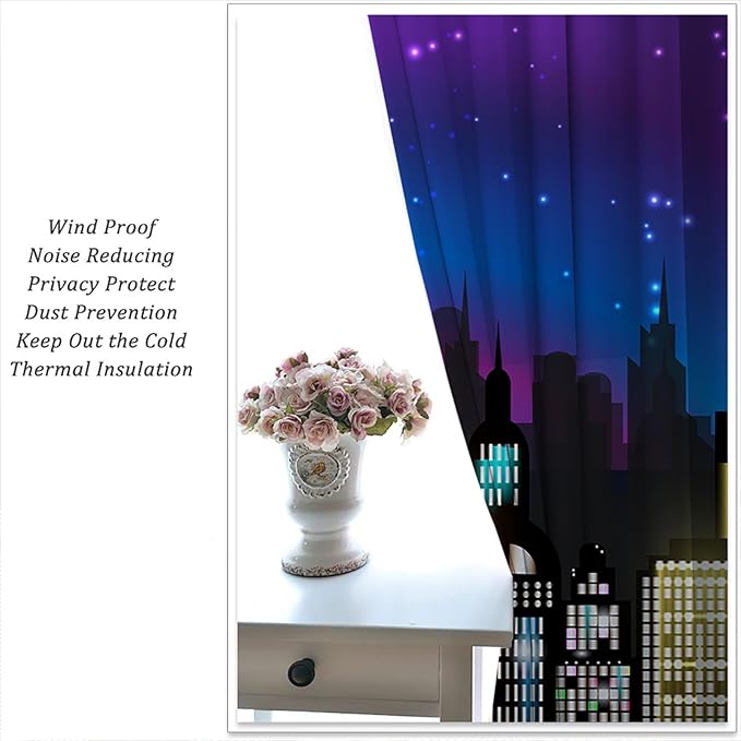 Superhero Rod Pocket Blackout Curtains for Boy Girl Bedroom, Super City Skyline Buildings Night Panorama Home Energy Efficient Light Filtering Window Curtain for Living Room, 42x63 inch
