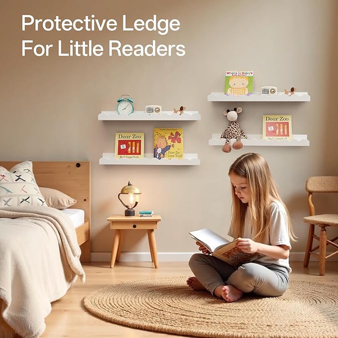 Scalloped Baby Book Shelf,Floating Shelves for Wall Set of 4 Solid Pine Wood Nursery Bookshelves with Wave Lip for Bedroom Kids, Toddler Room, Baby Room, Nursery Decor(White,40cm)