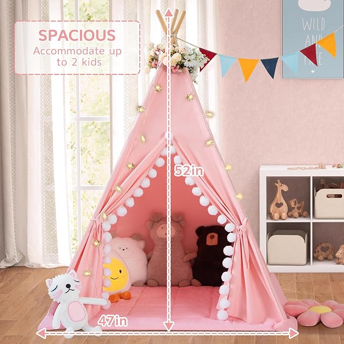 Teepee Tent for Kids with Padded Mat Cotton Canvas Kids Tent with Pompom for Toddlers Indoor Play Tent for Girls Boys with Stars Lights, Carry Bag, Banner Flag (Pink)