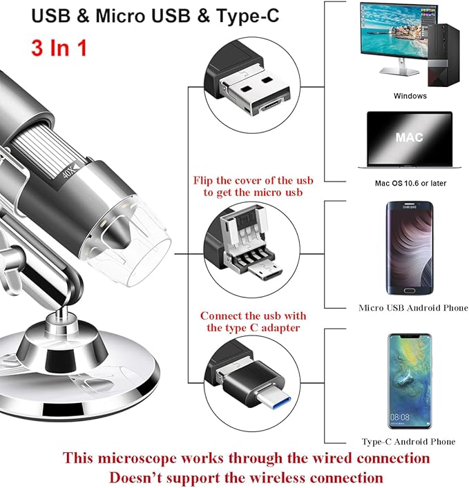 USB Microscope Camera 40X to 1000X, Cainda Digital Microscope with Metal Stand & Carrying Case, Compatible with Android Windows Linux Mac, Portable Microscope Camera for Kids Students Adults (Gray)