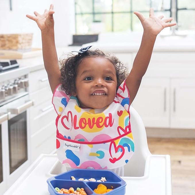Tiny Twinkle Mess Proof Baby Bibs for Eating - Waterproof, Wipeable Bibs - Toddler Bibs - Travel Friendly - PFAS, PVC, BPA, Phthalate Free - Baby Food Bibs(3 Pack, Loved Girl)