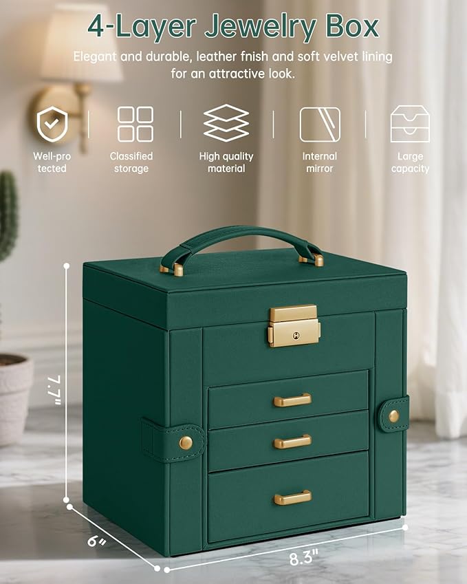 AKOZLIN 4-Tier Jewelry Box Leather Jewelry Storage Organizer with 3 Drawers Lockable for Women Girls Ring Necklace Earring Bracelet Holder with Mirror Forest Green