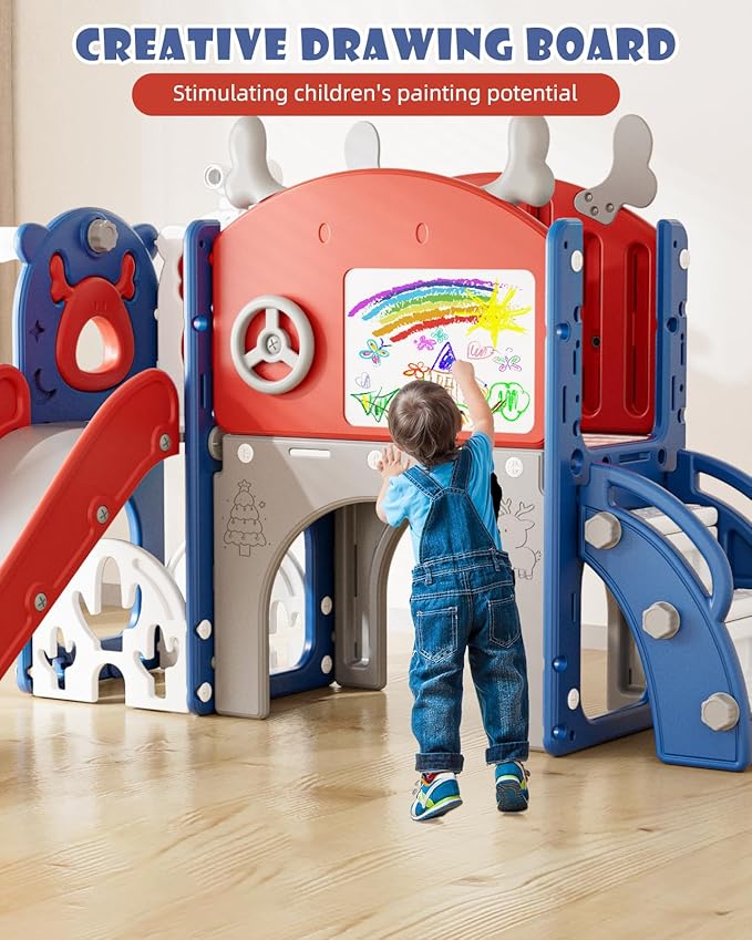YUFU 12 in 1 Kids Slide for Toddlers, Toddler Slide Playset with Golf, Drawing Board, Climber, Basketball Hoop and Storage Space, Indoor Outdoor Toddler Playground for Kids Age 1-3 (Blue Red)