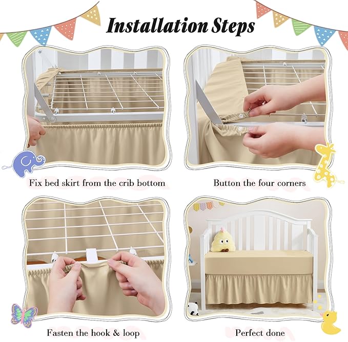 Horbaunal 2 Pack Set Crib Skirt & Crib Bed Sheet, Khaki Crib Bed Skirt 28" x 52" with 14" Drop Dust Ruffle, Soft Microfiber Toddler Bedskirt Nursery Bedding Skirt for Baby Girls and Boys