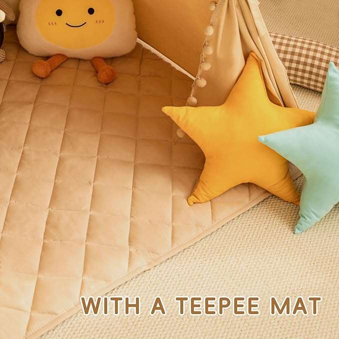 Teepee Tent for Kids with Mat, Cotton Canvas Kids Teepee with Pompom for Toddlers Indoor Play Tent for Girls Boys with Stars Lights, Carry Bag, Banner Flag (Khaki)