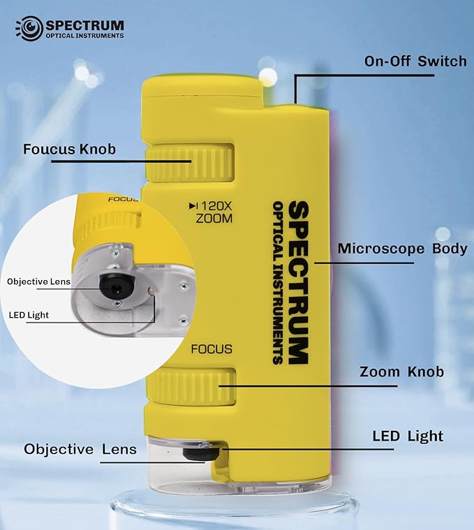EasyMicro LED Lighted Pocket Microscope 60-120X Magnification Yellow Color