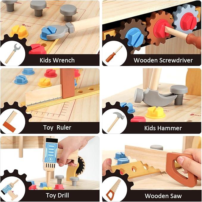 PairPear Wooden Kids Tool Bench & Carry Toolbox – 71 Pcs Pretend Play Tool Workbench with Drills, Kids Construction Toy Workbench Workshop for Boys Girls Age 3+