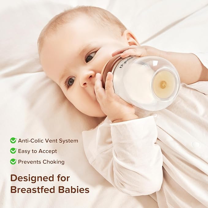 Thyseed Glass Natural Anti-Colic Baby Bottles | Newborn Breast Like Nursing Bottle for Breastfed Babies with Nipple(3-7 Months),8oz,1pack