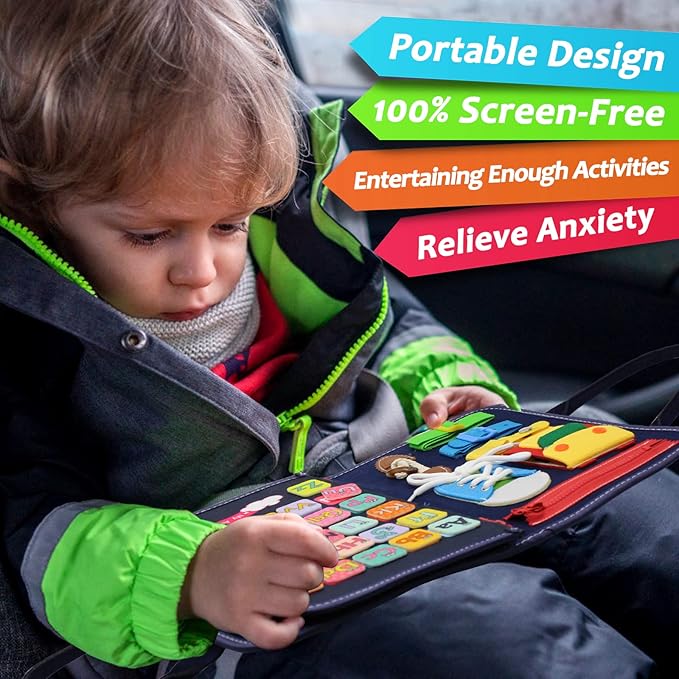 Qizfun Busy Board Montessori Toy for 1 2 3 4 Years Old, Educational Activity Sensory Board Preschool Learning Fine Motor Skills Toys, Toddler Travel Toy for Plane Car, Gift for Boys Girls (Blue/P4)