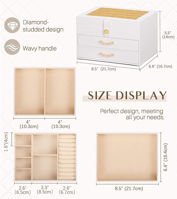 White Jewelry Box Organizer: Home Decor for Women - 2-Drawer Holder for Valentine’s Day Birthday Christmas White Gold