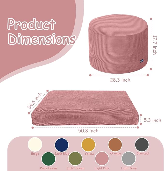 COMAX Kids Bean Bag Chair Turn into Beanbag Bed, Toddler Bean Chair Corduroy for Girl Boy Sleeping, Lazy Children Bean Bags with Filler, Convertible Child Floor Mattress, Light Pink