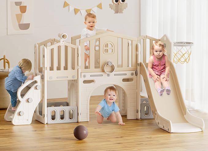 XJD 9 in 1 Toddler Slide Set, Kids Slide for Toddlers Age 1+, Toddler Climber Slide PlaySet with Basketball Hoop and Ball,Outdoor Indoor Playground for Toddlers 1-3 (Beige)