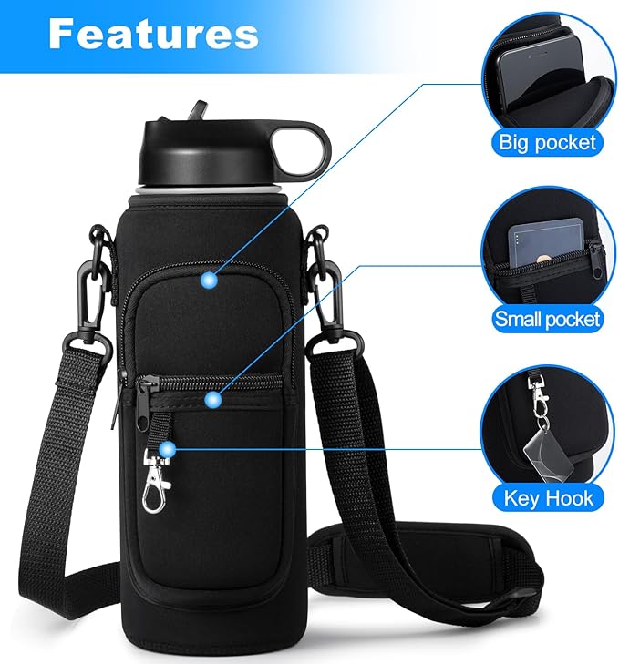 Water Bottle Holder with Strap for Hydroflask 32oz 40oz, Carrier Sling Bag with Phone Pocket Sleeve for Men Women Hiking Camping Travelling