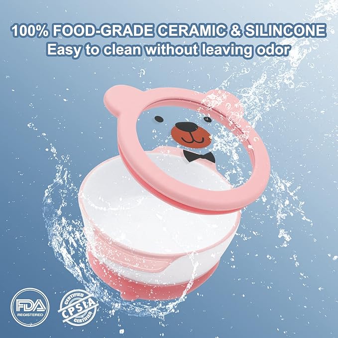 MR. CHOU Suction Baby Bowls with Leakproof Tempered Glass Lids for Babies & Toddlers, Ceramic First Stage Infant Feeding Supplies with Handles, 100% Food Grade Snack Cotainer for Kids, Pink