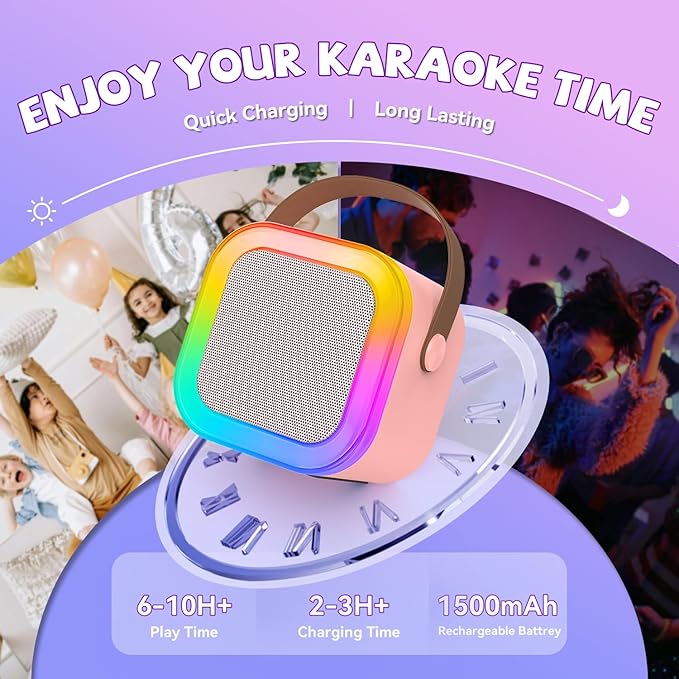 Mini Karaoke Machine for Kids Girls Boys - Birthday Gifts for Ages 4 5 6 7 8+ Year Old - 2025 New est - Portable Bluetooth Speaker with 2 Wireless Microphone - Kids' Instrument Accessories - Pink