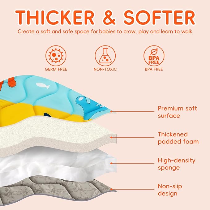 Baby Play Mat - Thicken 50x50 Inch Soft Foam Crawling Mat for Playpen & Floor, Non-Slip Waterproof Playmats for Infants & Toddlers, Portable Foldable & Machine Washable, Ocean World