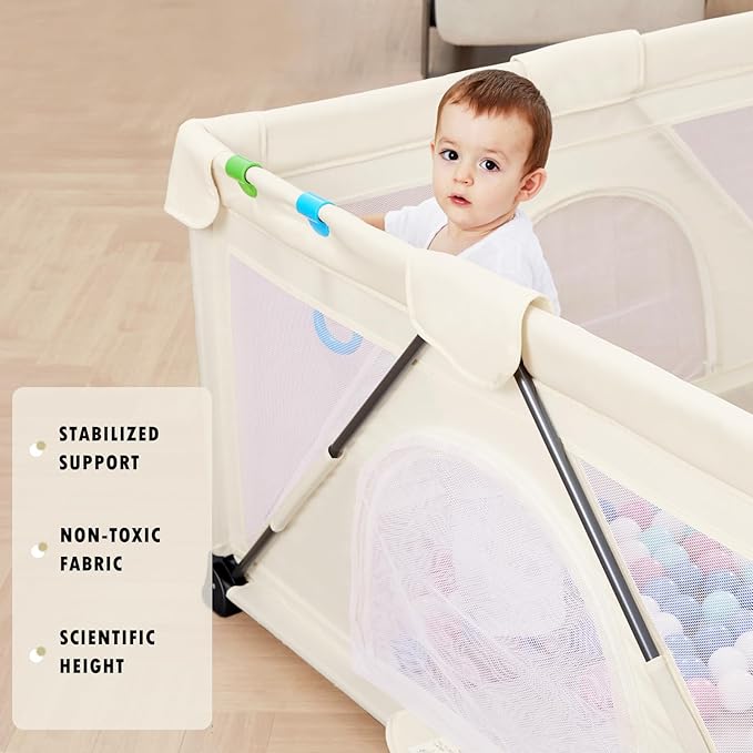 Baby Playpen Foldable, Playard for Babies and Toddlers, Portable Playpen Activity Center with 50 Balls+2 Handles for Travel, Indoor & Outdoor Play Pen with Mesh 50''x50''