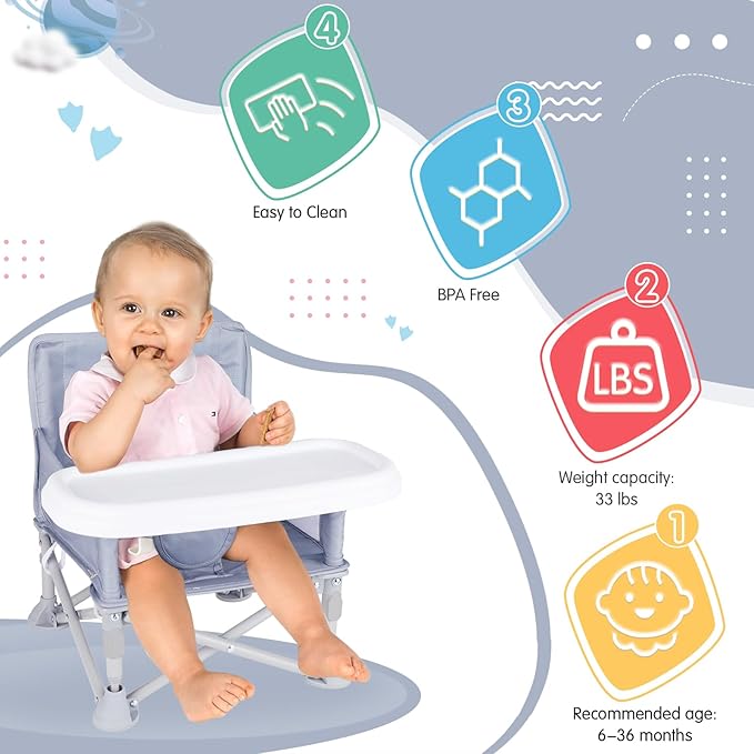 Portable Baby Booster Seat with Tray, Toddler Booster seat for Dining, Camping, Travel, Baby Beach Chair 6 Months to 3 Years Old Indoor Outdoor Use Grey