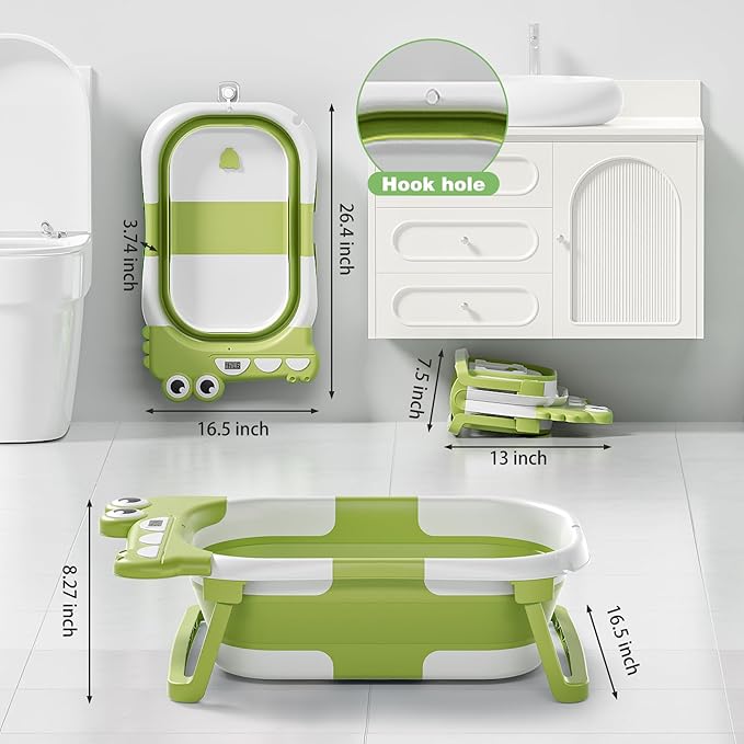 Collapsible Baby Bathtub for Newborn, Foldable Baby Bath Tub with Thermometer & Soft Floating Cushion & Drain Hole, Portable Travel Infant Bath Tubs for Newborns to Toddler 0-36 Months Girl, Green