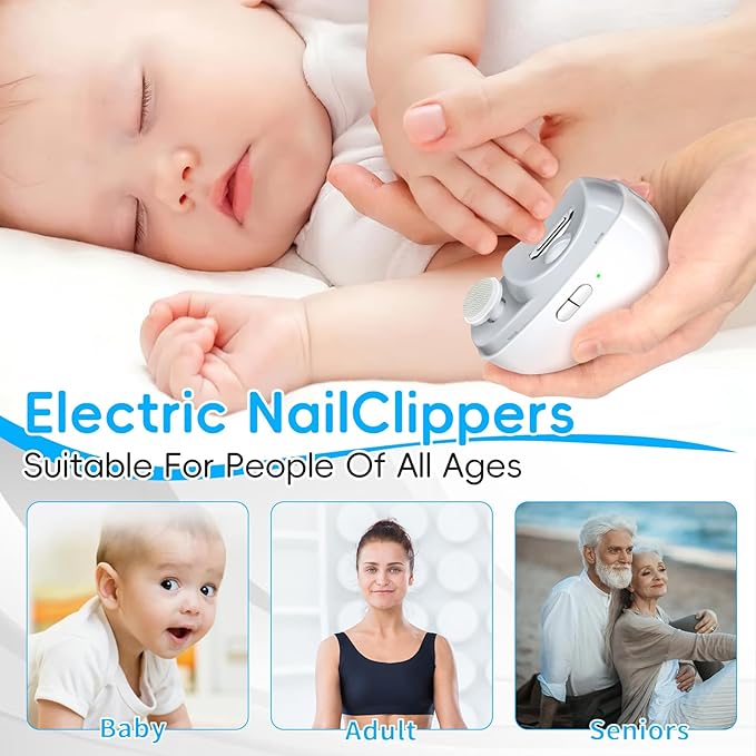 Electric Nail Clipper 2 in 1, Baby Nail Trimmer Electric, Baby Automatic Nail File with Polishing, LED Lights, Nail Chip Storage, USB Charging, 2 Speed Levels for Babies and Adults (White)