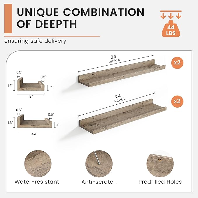 Floating Picture Ledge Shelves for Wall Set of 4, 24 Inch Wall Shelves with Lip Long Large Nursery Book Shelf for Toys Storage Kids Bookshelf Wall Mounted Living Room Bedroom Decor Frames