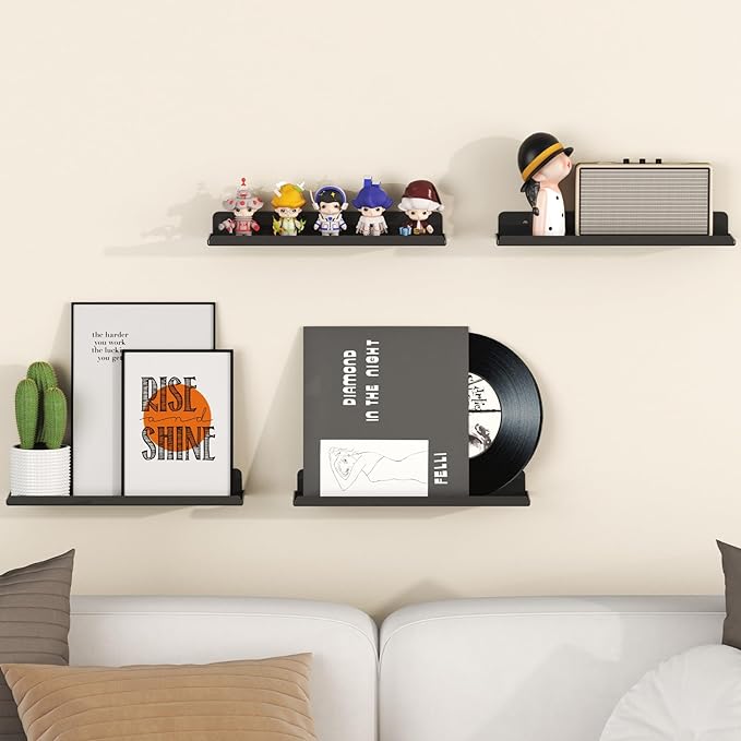 Lifewit Floating Shelves for Wall, 6 Pack Black Acrylic Shelf 15" Room Decor for Bookcase/Vinyl Record Display/Photo/Picture in Bedroom, Living Room, Bathroom, Kitchen Storage and Organization